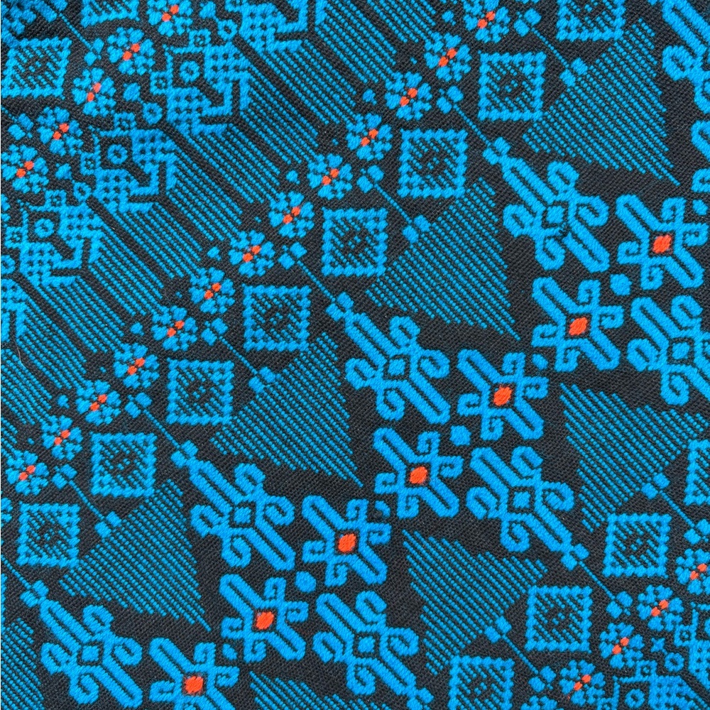 Vintage Guatemalan PONCHO Blue Black Orange Brocade Cotton Blend Hand Loomed - Picture 9 of 14